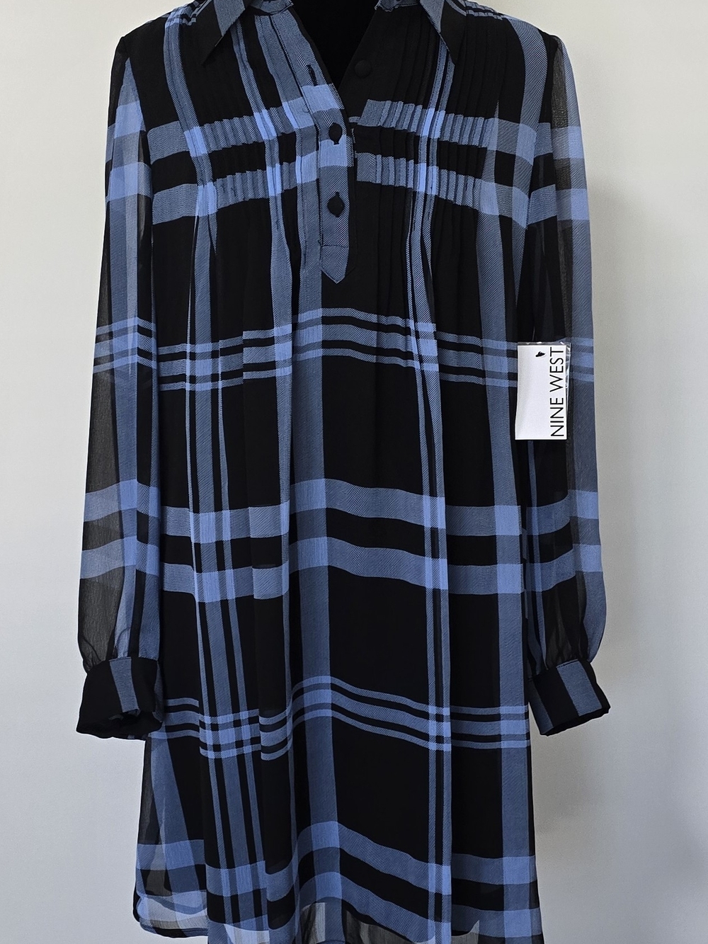 Nine West Blue and Black Plaid Long-Sleeve Dress